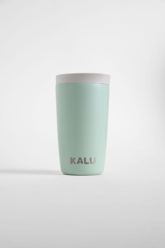 KALU Seafoam Green travel cup - one-click lid open top view