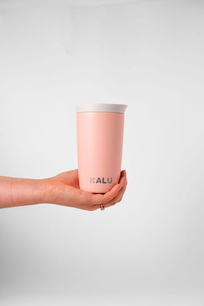 KALU reusable ceramic coffee cup in Sunrise Coral - leak-proof travel cup NZ
