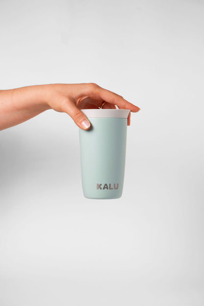 KALU ceramic coffee cup Seafoam Green - hand grip view NZ